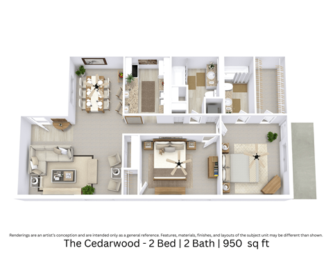 A 3D floor plan showing a spacious 2-bedroom, 2-bathroom apartment with furniture placement and spatial layout. Roughly 950 square feet.